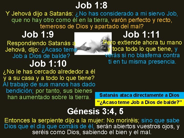 Job 1: 8 Y Jehová dijo a Satanás: ¿No has considerado a mi siervo