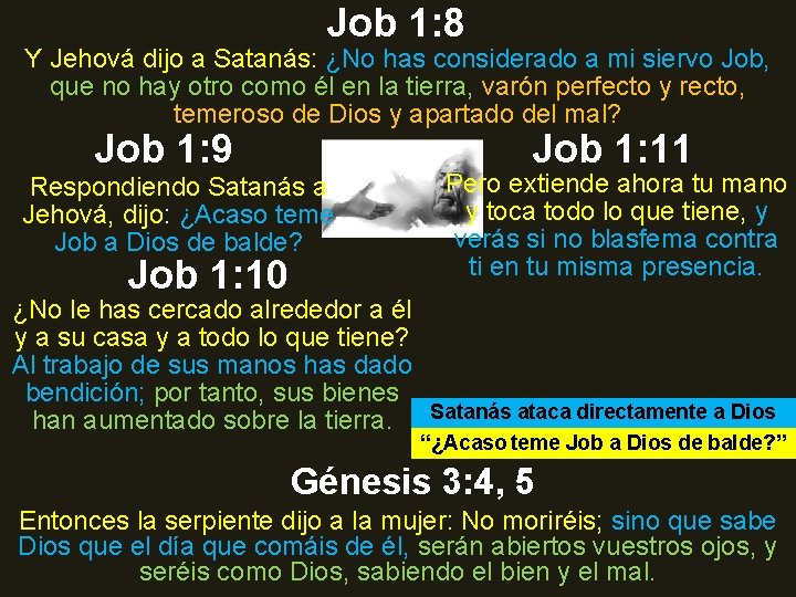 Job 1: 8 Y Jehová dijo a Satanás: ¿No has considerado a mi siervo