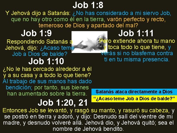 Job 1: 8 Y Jehová dijo a Satanás: ¿No has considerado a mi siervo