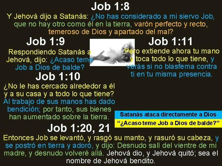 Job 1: 8 Y Jehová dijo a Satanás: ¿No has considerado a mi siervo