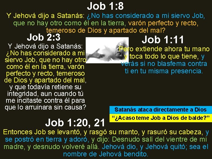 Job 1: 8 Y Jehová dijo a Satanás: ¿No has considerado a mi siervo