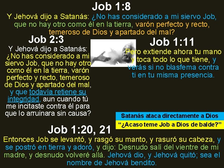 Job 1: 8 Y Jehová dijo a Satanás: ¿No has considerado a mi siervo