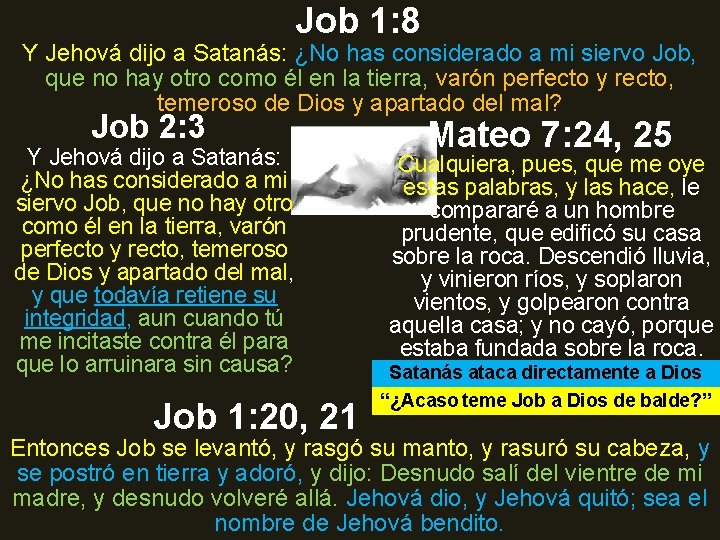 Job 1: 8 Y Jehová dijo a Satanás: ¿No has considerado a mi siervo