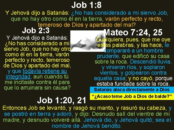 Job 1: 8 Y Jehová dijo a Satanás: ¿No has considerado a mi siervo