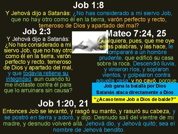 Job 1: 8 Y Jehová dijo a Satanás: ¿No has considerado a mi siervo