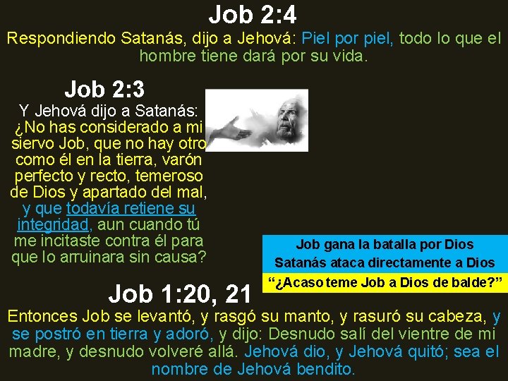 Job 2: 4 Respondiendo Satanás, dijo a Jehová: Piel por piel, todo lo que