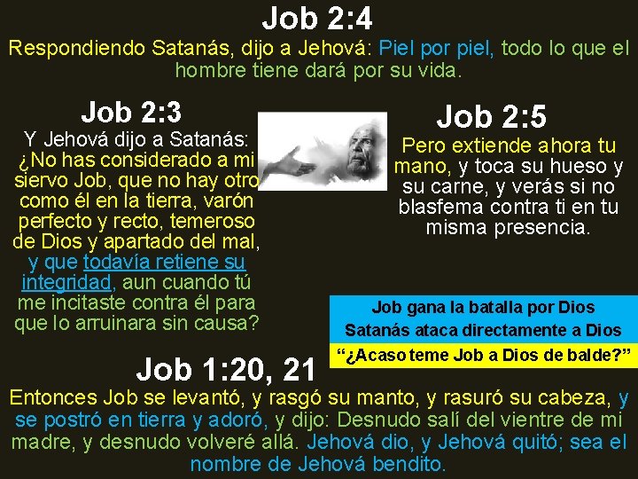 Job 2: 4 Respondiendo Satanás, dijo a Jehová: Piel por piel, todo lo que