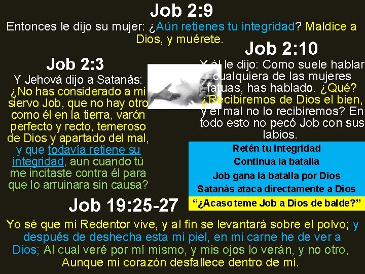 Job 2: 9 Entonces le dijo su mujer: ¿Aún retienes tu integridad? Maldice a