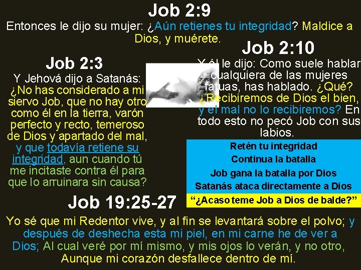 Job 2: 9 Entonces le dijo su mujer: ¿Aún retienes tu integridad? Maldice a