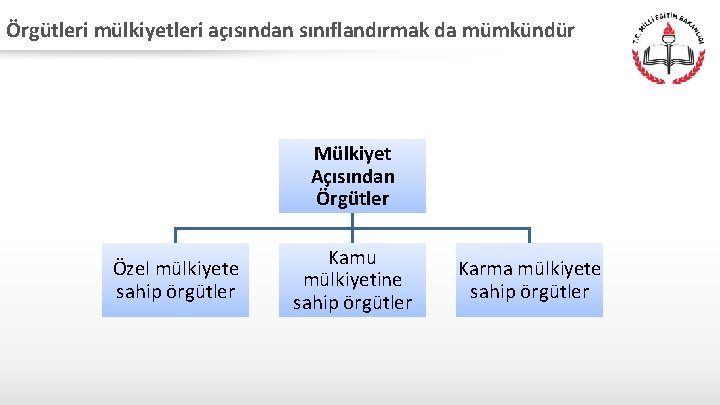 Örgütleri mülkiyetleri açısından sınıflandırmak da mümkündür: Mülkiyet Açısından Örgütler Özel mülkiyete sahip örgütler Kamu