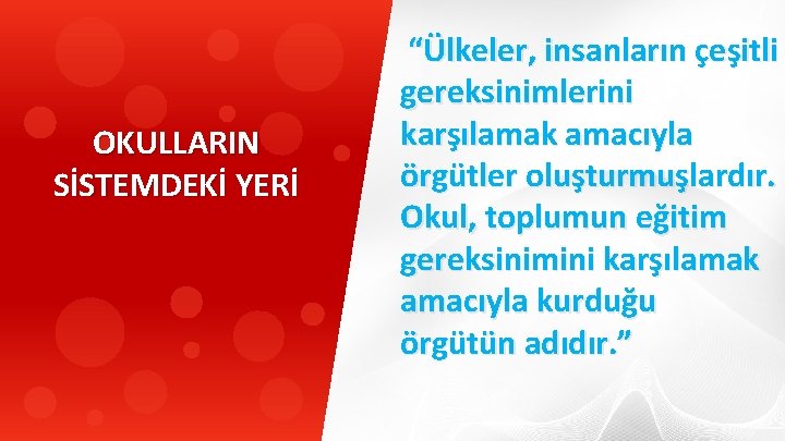 OKULLARIN SİSTEMDEKİ YERİ “Ülkeler, insanların çeşitli gereksinimlerini karşılamak amacıyla örgütler oluşturmuşlardır. Okul, toplumun eğitim