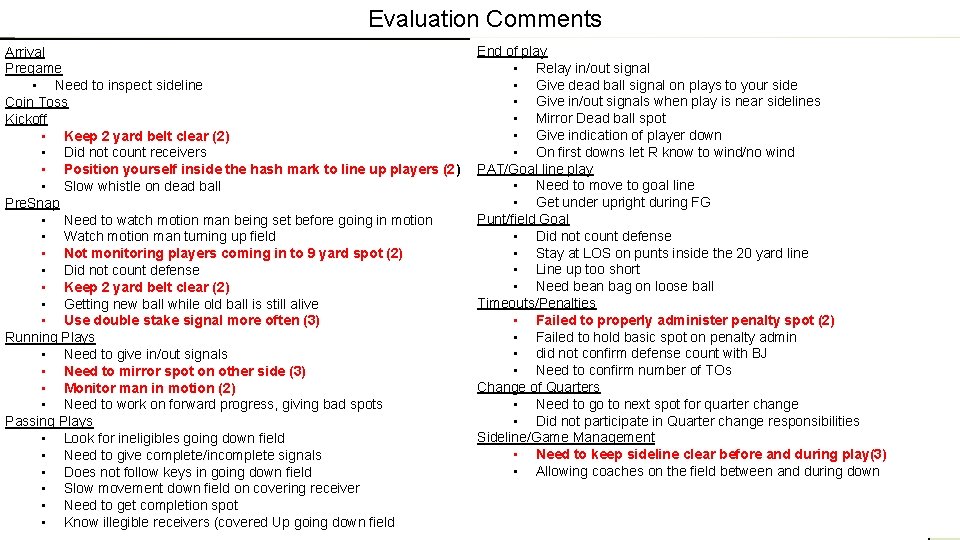 Evaluation Comments Arrival Pregame • Need to inspect sideline Coin Toss Kickoff • Keep