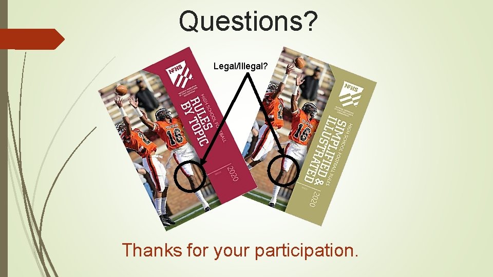 Questions? Legal/Illegal? Thanks for your participation. 