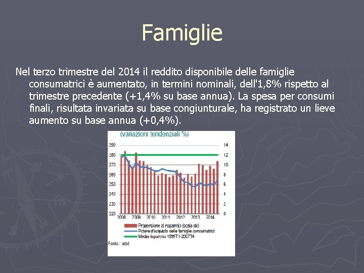 Famiglie Nel terzo trimestre del 2014 il reddito disponibile delle famiglie consumatrici è aumentato,