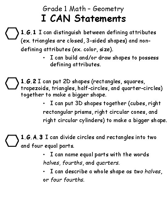 Grade 1 Math – Geometry I CAN Statements 1. G. 1 I can distinguish