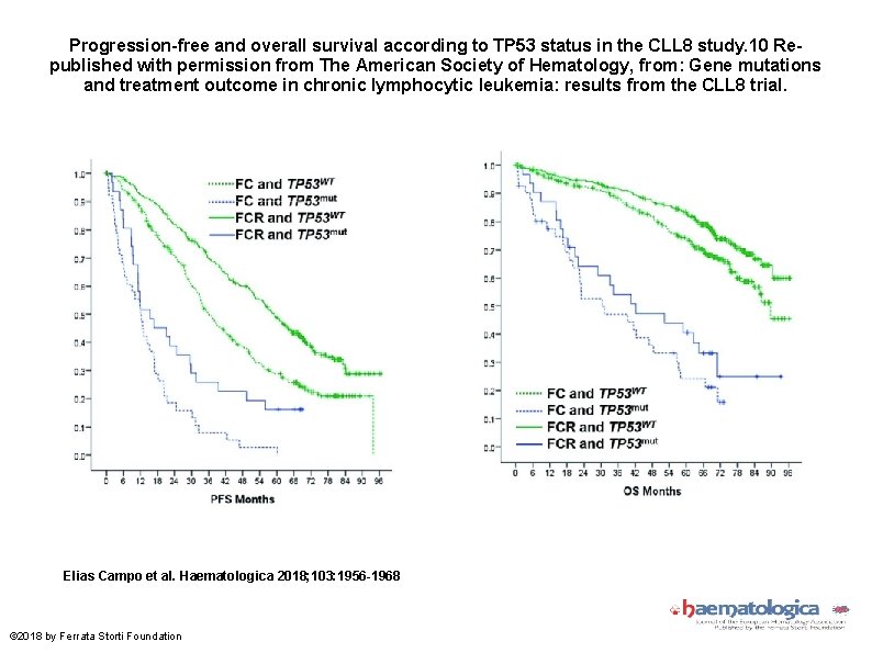 Progression-free and overall survival according to TP 53 status in the CLL 8 study.