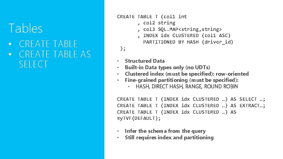 Tables • CREATE TABLE AS SELECT CREATE TABLE T (col 1 int , col