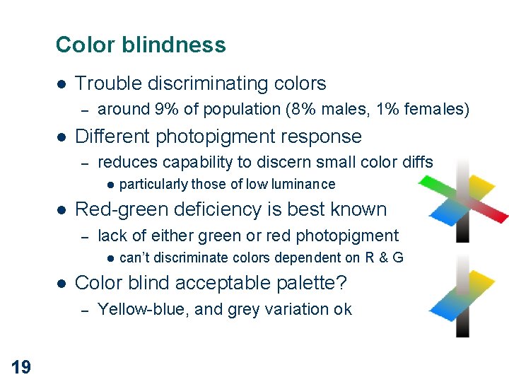 Color blindness l Trouble discriminating colors – l around 9% of population (8% males,