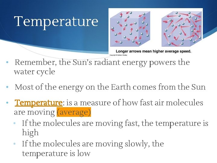 Temperature • Remember, the Sun’s radiant energy powers the water cycle • Most of