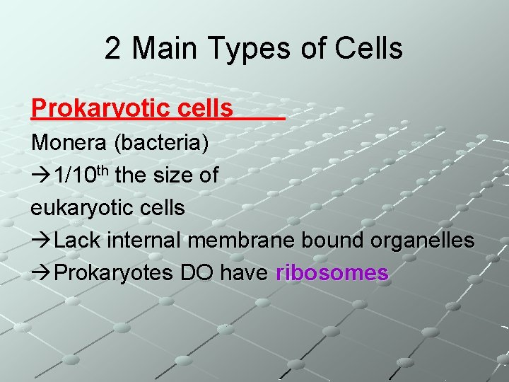 2 Main Types of Cells Prokaryotic cells Monera (bacteria) 1/10 th the size of