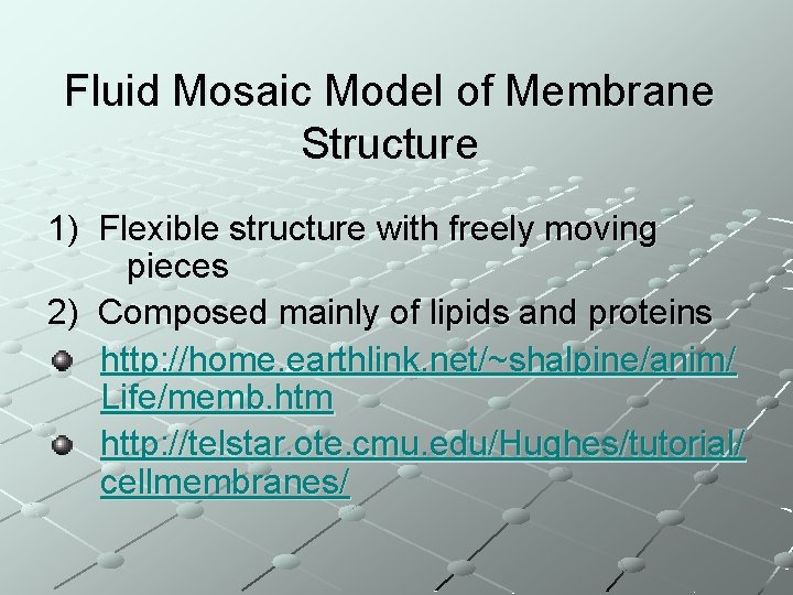 Fluid Mosaic Model of Membrane Structure 1) Flexible structure with freely moving pieces 2)
