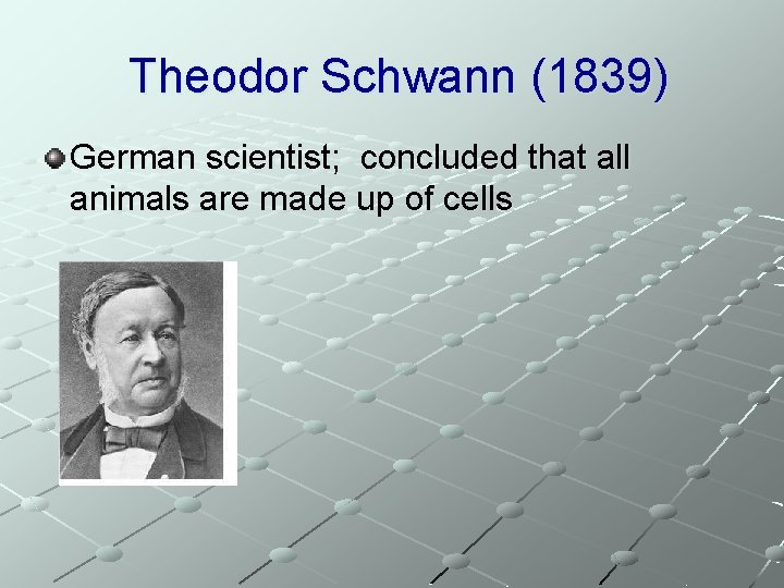 Theodor Schwann (1839) German scientist; concluded that all animals are made up of cells