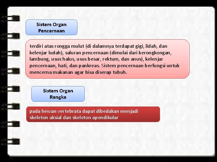 Sistem Organ Pencernaan terdiri atas rongga mulut (di dalamnya terdapat gigi, lidah, dan kelenjar