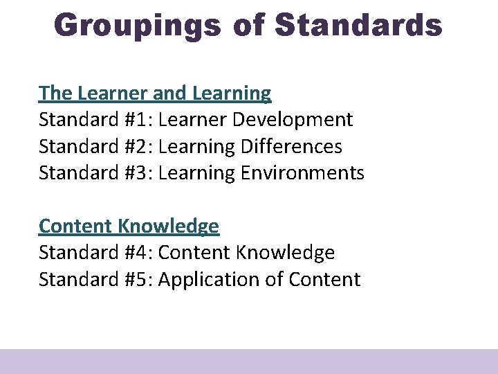 Groupings of Standards The Learner and Learning Standard #1: Learner Development Standard #2: Learning