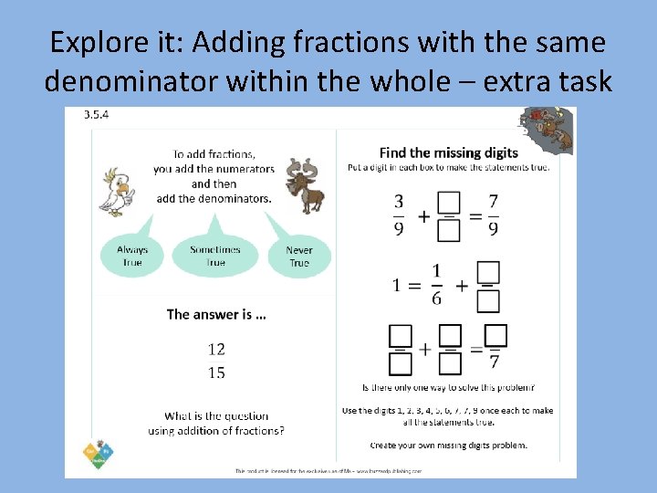 Explore it: Adding fractions with the same denominator within the whole – extra task
