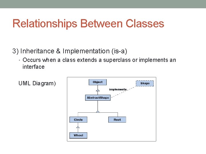 Relationships Between Classes 3) Inheritance & Implementation (is-a) • Occurs when a class extends Relationships Between Classes 3) Inheritance & Implementation (is-a) • Occurs when a class extends