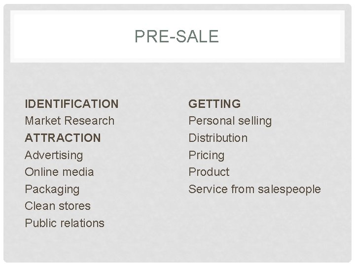 PRE-SALE IDENTIFICATION Market Research ATTRACTION Advertising Online media Packaging Clean stores Public relations GETTING