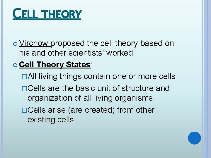 CELL THEORY Virchow proposed the cell theory based on his and other scientists’ worked.