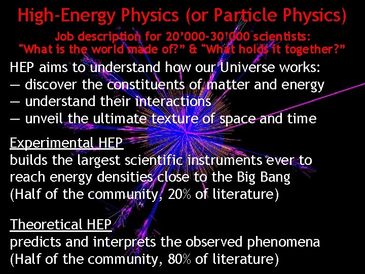 High-Energy Physics (or Particle Physics) Job description for 20’ 000 -30’ 000 scientists: "What