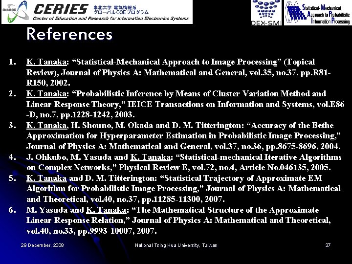 References 1. 2. 3. 4. 5. 6. K. Tanaka: “Statistical-Mechanical Approach to Image Processing”