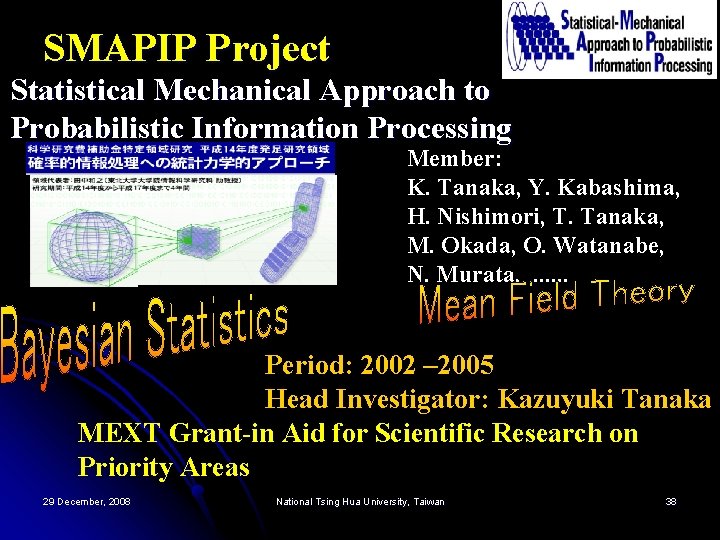 SMAPIP Project Statistical Mechanical Approach to Probabilistic Information Processing Member: K. Tanaka, Y. Kabashima,