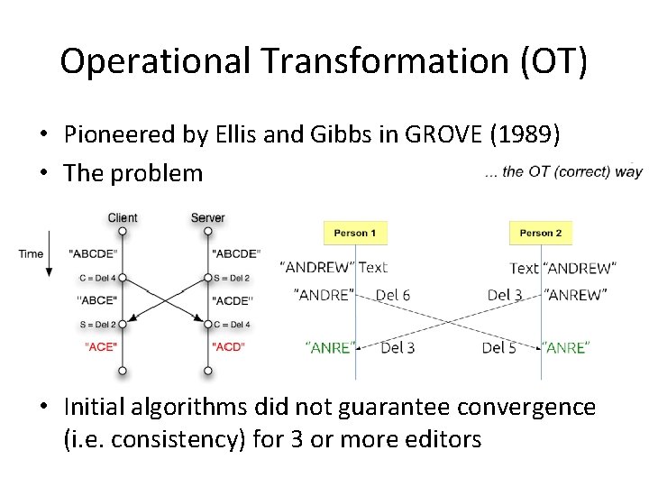 Operational Transformation (OT) • Pioneered by Ellis and Gibbs in GROVE (1989) • The Operational Transformation (OT) • Pioneered by Ellis and Gibbs in GROVE (1989) • The