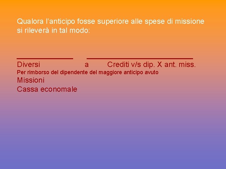 Qualora l’anticipo fosse superiore alle spese di missione si rileverà in tal modo: _______________