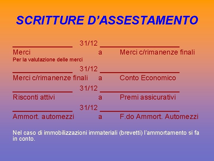 SCRITTURE D’ASSESTAMENTO ______ 31/12 Merci ________ a Merci c/rimanenze finali Per la valutazione delle