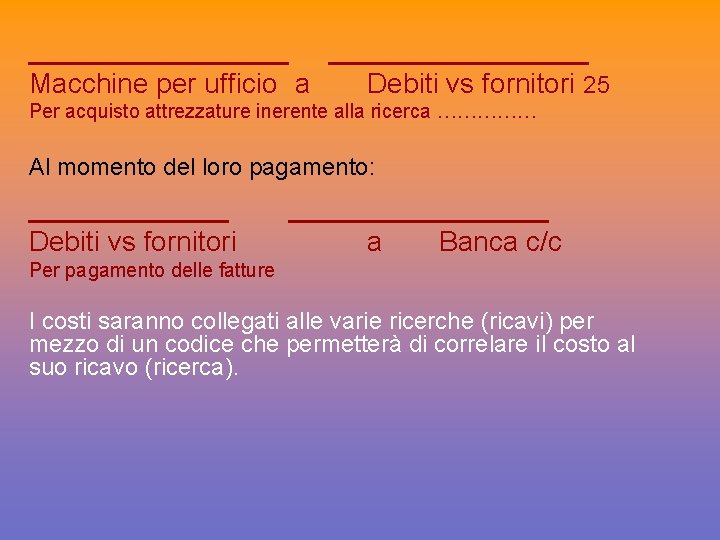 _______ Macchine per ufficio a _______ Debiti vs fornitori 25 Per acquisto attrezzature inerente