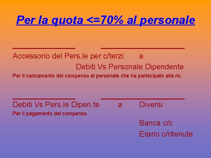 Per la quota <=70% al personale ________________ Accessorio del Pers. le per c/terzi a