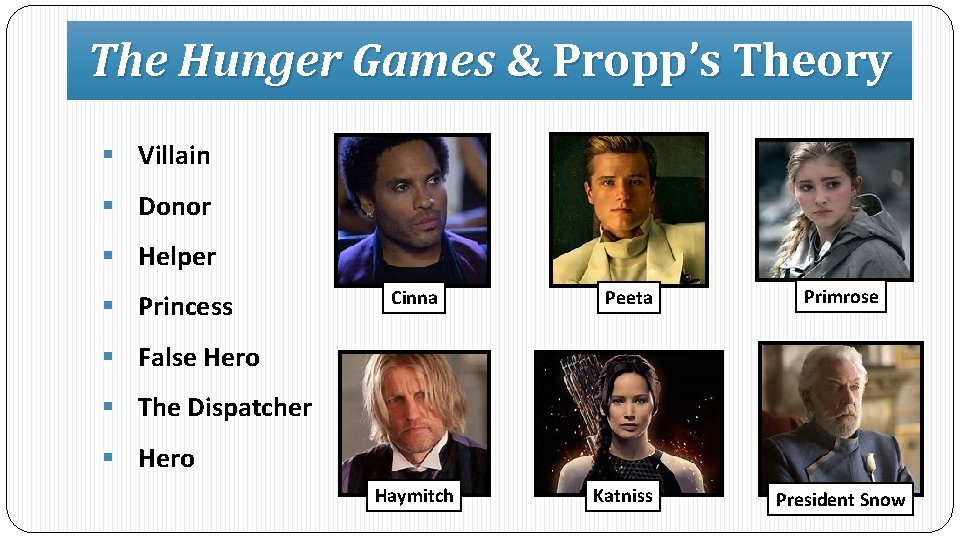 The Hunger Games & Propp’s Theory § Villain § Donor § Helper § Princess