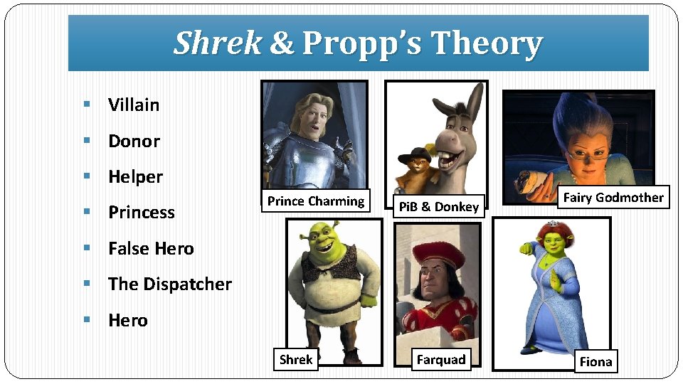 Shrek & Propp’s Theory § Villain § Donor § Helper § Princess Prince Charming