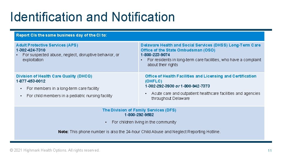 Identification and Notification Report CIs the same business day of the CI to: Adult