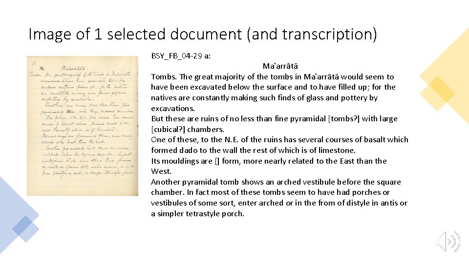 Image of 1 selected document (and transcription) BSY_FB_04 -29 a: Maʿarrâtā Tombs. The great