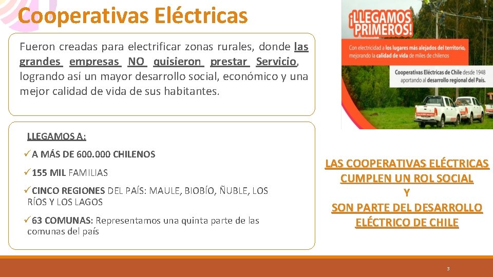 Cooperativas Eléctricas Fueron creadas para electrificar zonas rurales, donde las grandes empresas NO quisieron