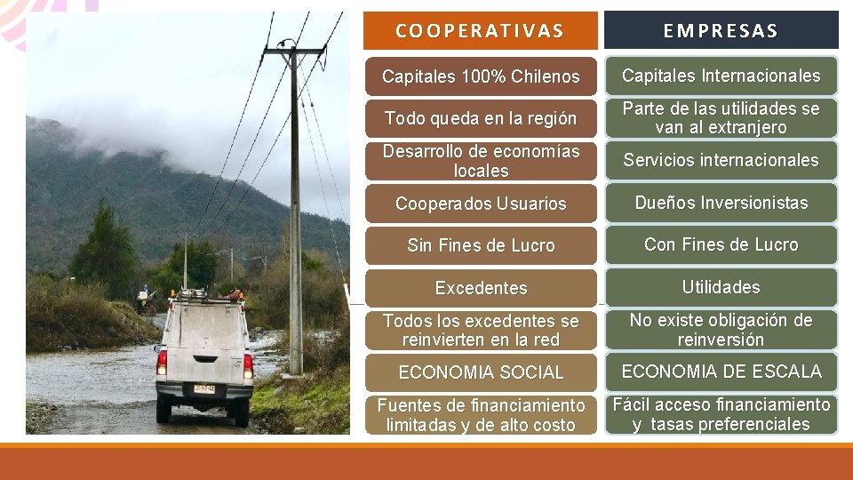 COOPERATIVAS EMPRESAS Capitales 100% Chilenos Capitales Internacionales Todo queda en la región Parte de