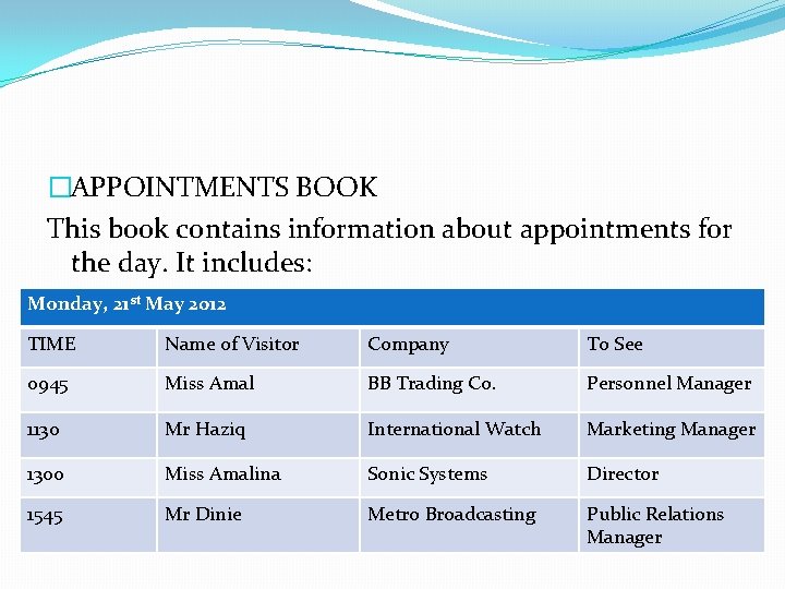 �APPOINTMENTS BOOK This book contains information about appointments for the day. It includes: Monday,
