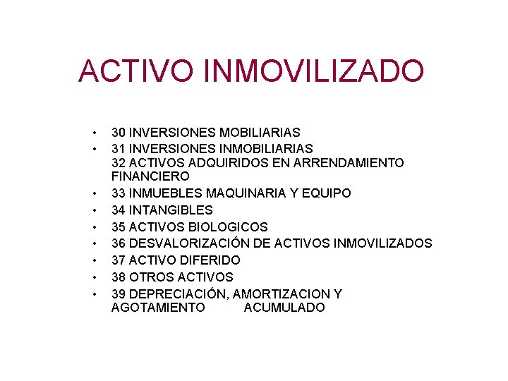 ACTIVO INMOVILIZADO • • • 30 INVERSIONES MOBILIARIAS 31 INVERSIONES INMOBILIARIAS 32 ACTIVOS ADQUIRIDOS