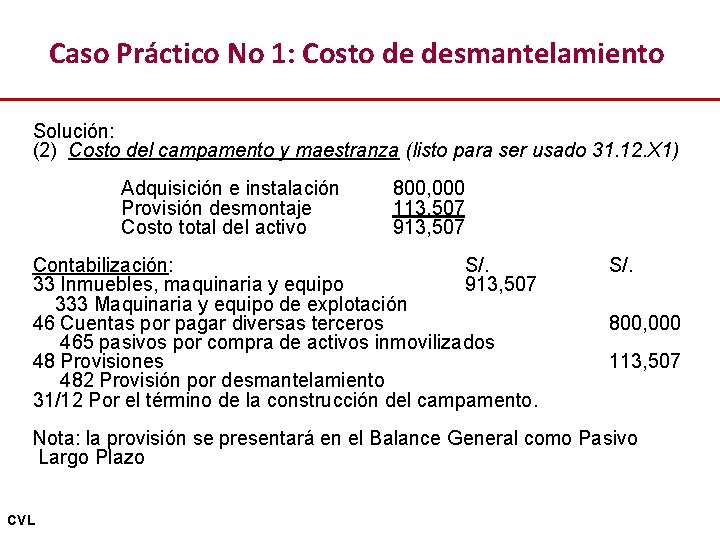 Caso Práctico No 1: Costo de desmantelamiento Solución: (2) Costo del campamento y maestranza