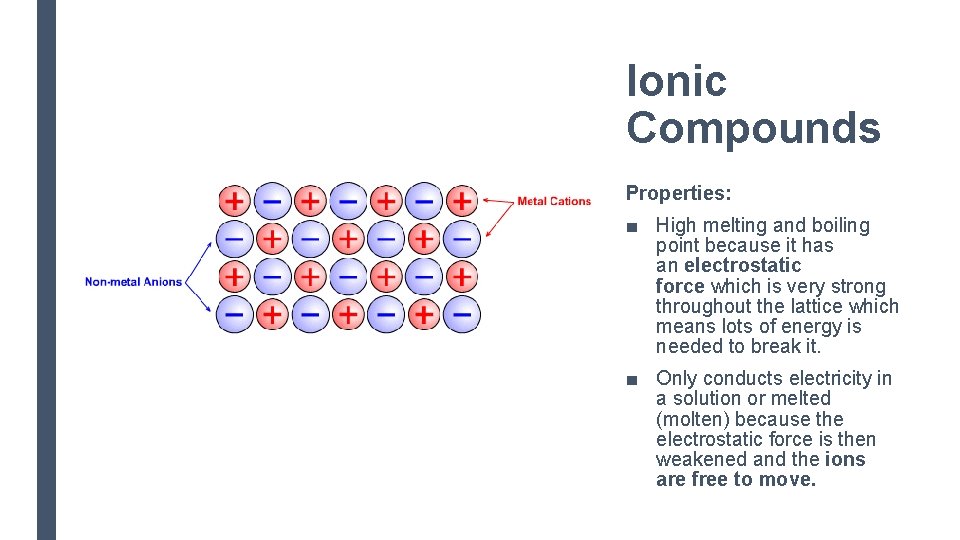 Ionic Compounds Properties: ■ High melting and boiling point because it has an electrostatic